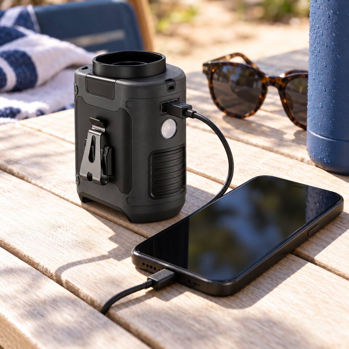 Black waist fan charging a phone as a power bank