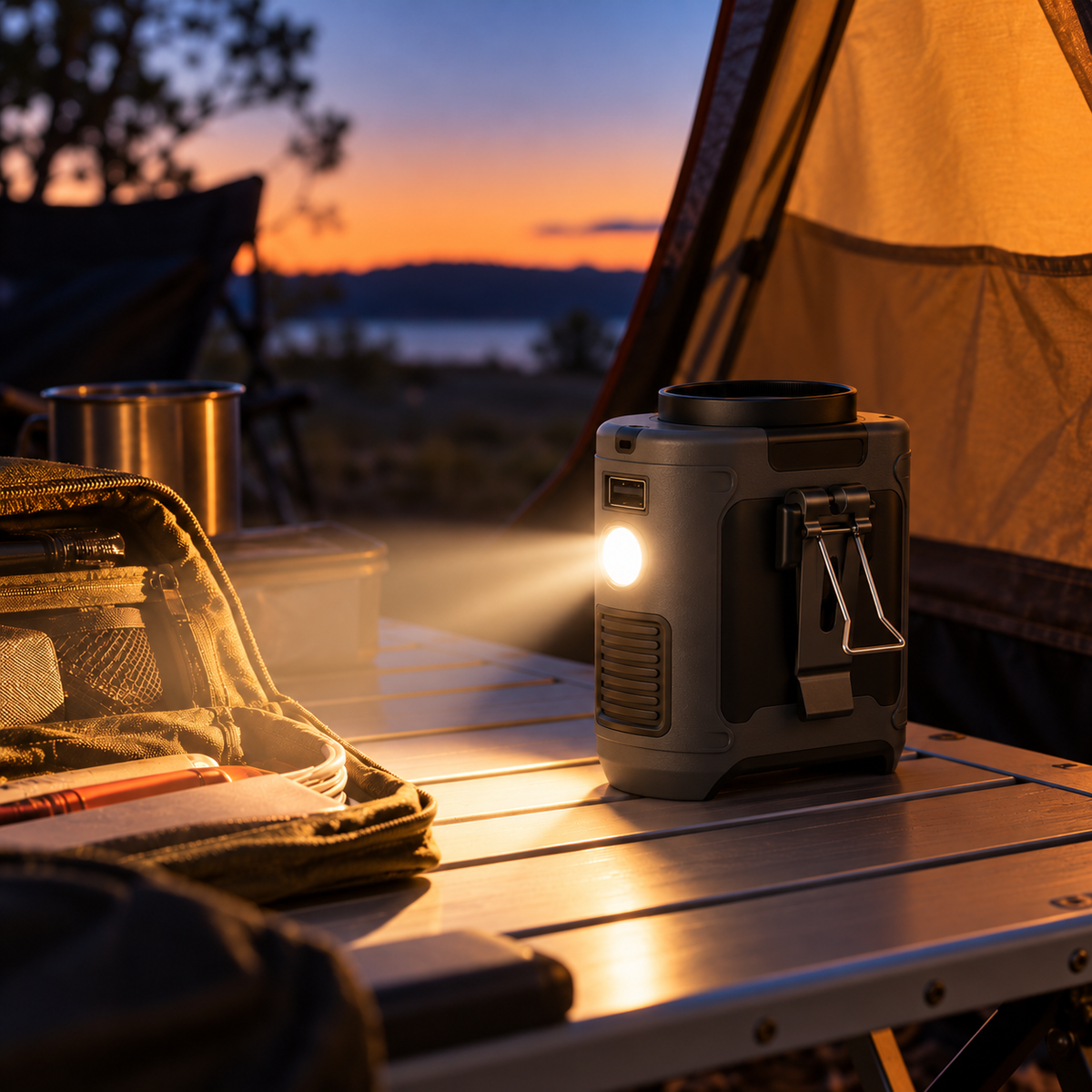 Black waist fan with the LED light switched on at a campsite