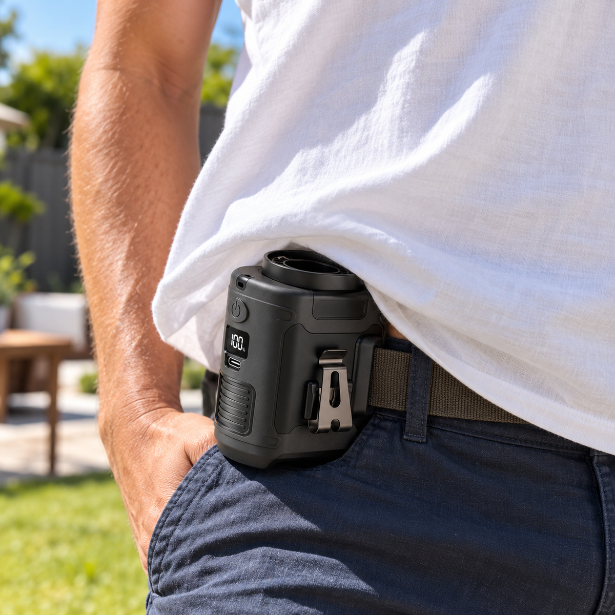 Black waist fan clipped at the front hip beneath a loose shirt