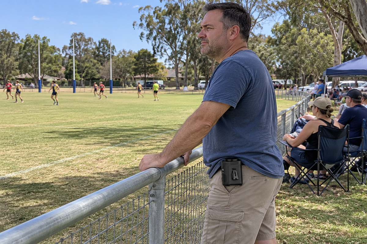 Dad watching local footy while wearing a Black waist fan