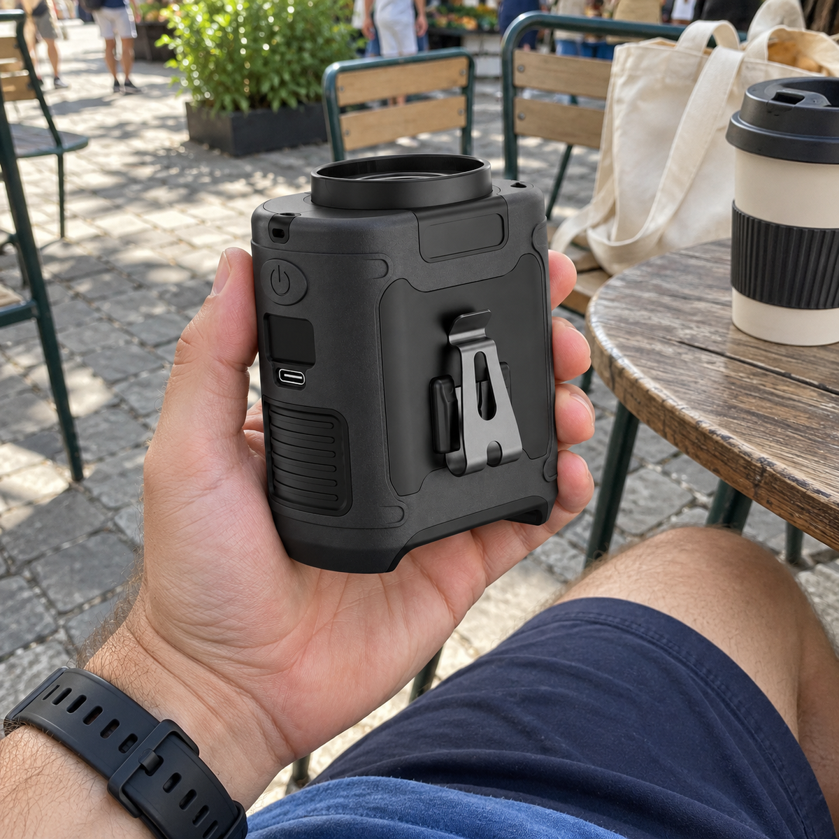 Black waist fan held naturally in a hand at an outdoor cafe