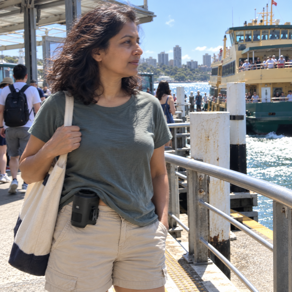 AI-generated phone-photo concept: woman wearing a Black fan while waiting at a ferry wharf